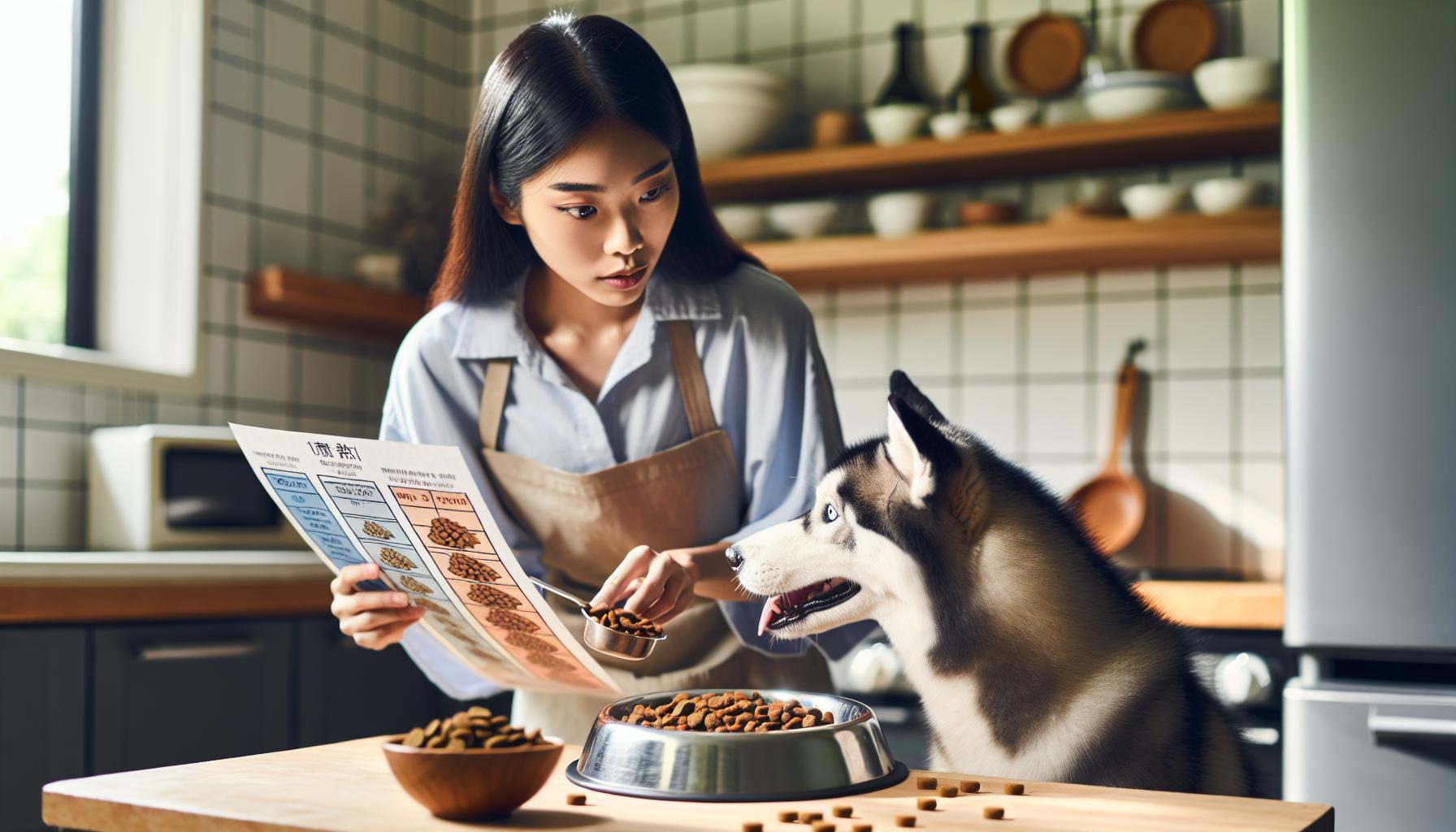 Kvinna som läser hur mycket torrfoder som hon skall ge sin hund